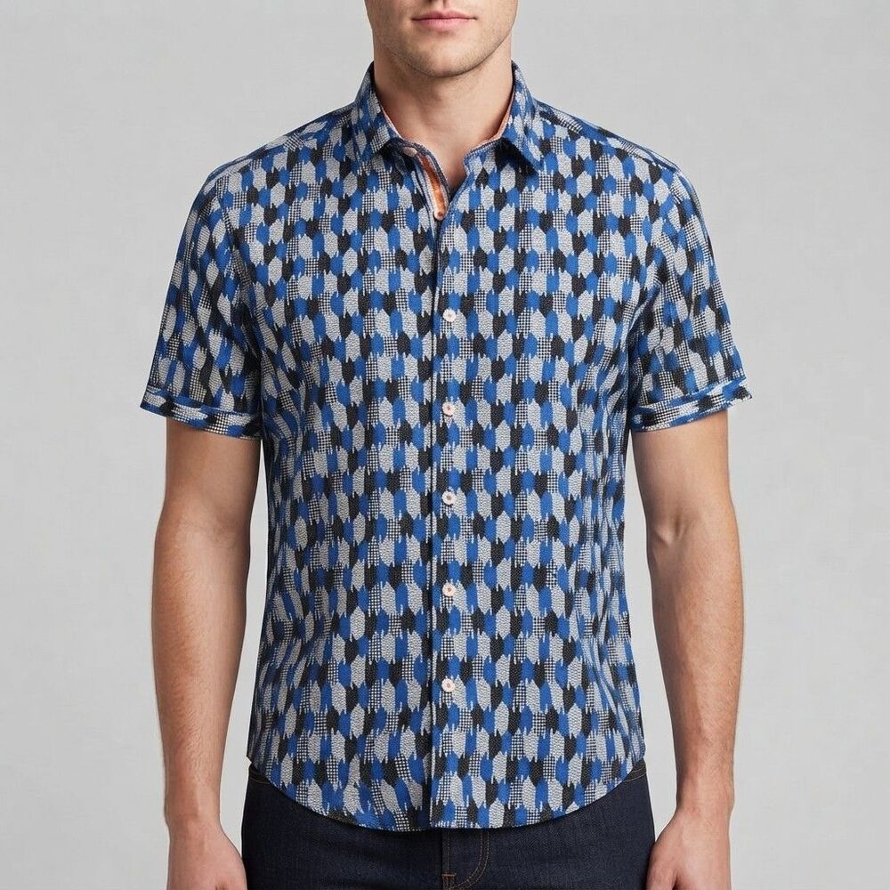 Robert Graham Shirt Mens Large Blue Geometric Tailored Short Sleeve Button Up